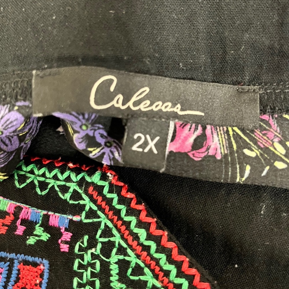 Colorful Tunic Blouse 2X Black Green Floral Embroidered Boho Peasant Top Caleoas - Picture 5 of 12
